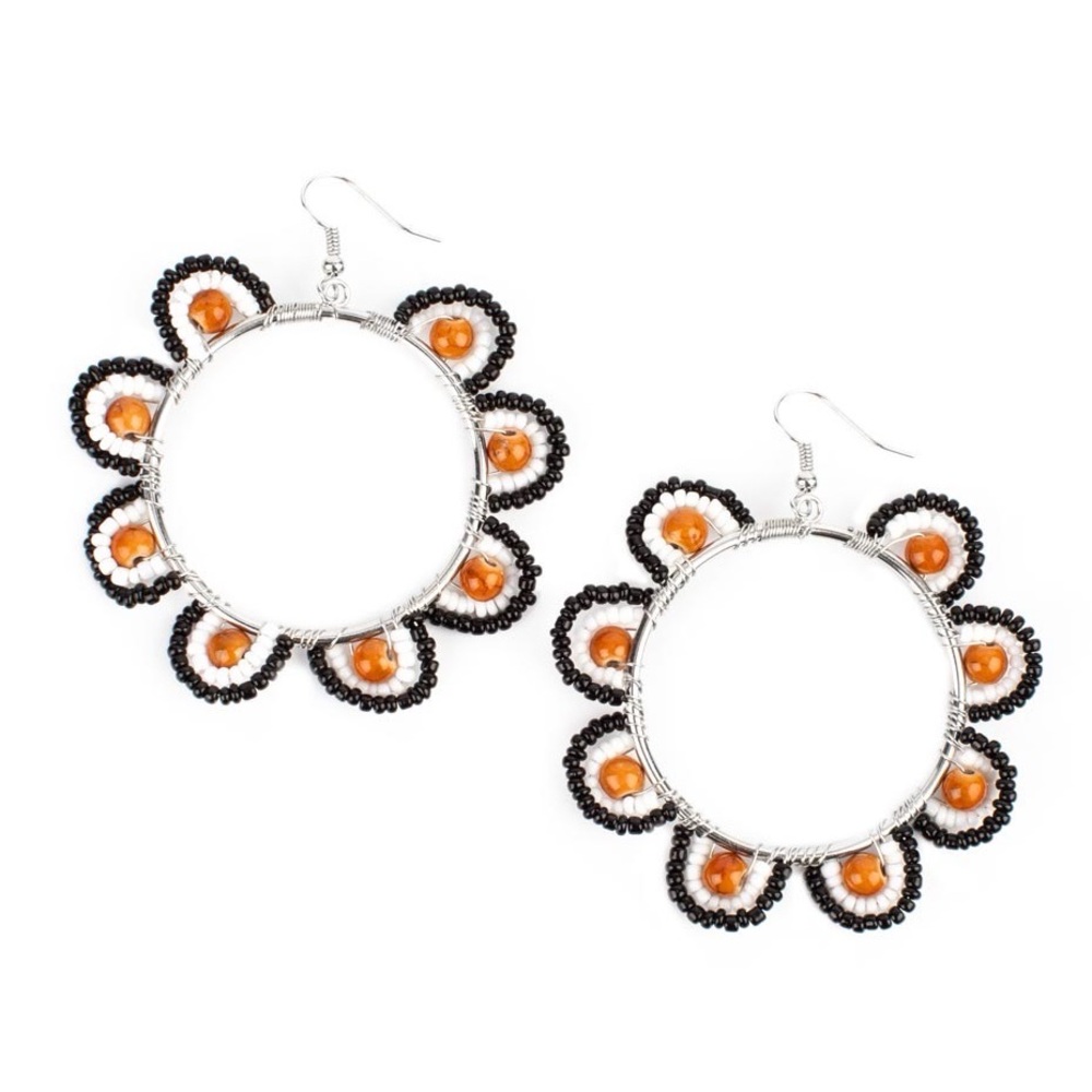 Elegant Black, White, and Brown Seed Bead Hoop Earrings